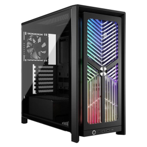cc9011302wwcomputercases1240417001jpg ComputechSolutions Black mid-tower PC case with a tempered-glass side panel and RGB-lit front intake grill featuring multiple colorful LEDs.