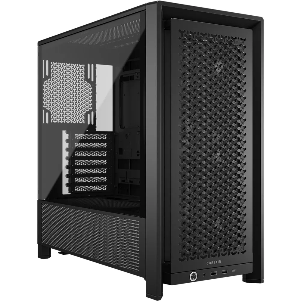 cc9011312wwcq43webp ComputechSolutions Black mid-tower PC case with a mesh front panel and a side tempered-glass panel, showing internal drive bays and cooling area (Corsair). This is a computer chassis for assembling a desktop PC.