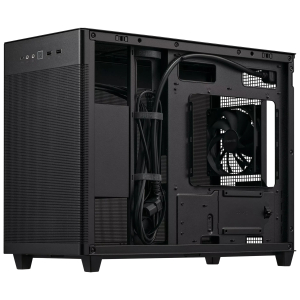 Black server tower with exposed internals, cables neatly routed and a large rear fan visible at the back edge of the chassis