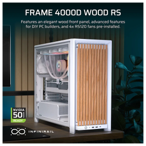 fd1d0e4d24783d0d734b74c1b8d09b08cdf18826webp ComputechSolutions PC case with a vertical wooden front panel and visible white interior components, advertising the Frame 400D Wood RS with 4x RS120 fans pre-installed (NVIDIA 50 Series Ready) – InfiniRail logo nearby.