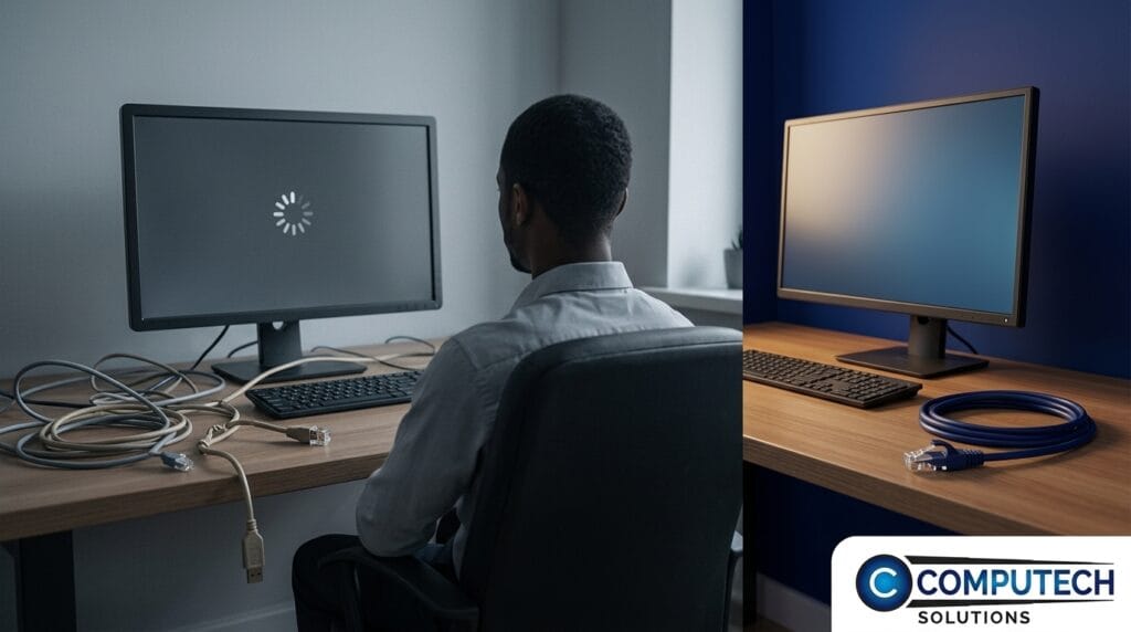 Man seated at a desk, monitor shows a loading spinner amid tangled cables on the desk.