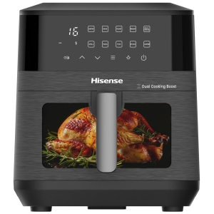 H10AFBK1S4 ComputechSolutions Front view of a black Hisense oven with a touchscreen control panel and roasted chicken visible inside the cavity."