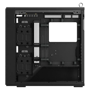 Interior of a black computer chassis with motherboard tray, empty drive bays, and multiple PCIe slots visible on the left and center; cableless design emphasizing components.