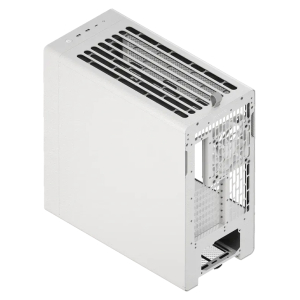 White mid-tower computer case shown from rear-right perspective, featuring top ventilation grills and PCI/expansion slot area with power supply opening at bottom rear