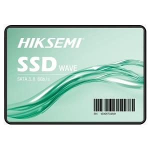 HSSSDWAVES1024G ComputechSolutions HIKSEMI SSD Wave packaging with green wave graphic and barcode, SATA 3.0 6Gb/s label.