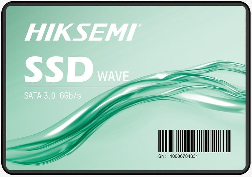 HSSSDWAVES1024G ComputechSolutions HIKSEMI SSD Wave packaging with green wave graphic and barcode, SATA 3.0 6Gb/s label.