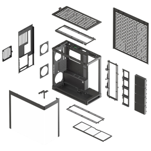 Exploded view of a black computer chassis with separate panels, vents, drive bays, and frame pieces laid out separately for assembly.