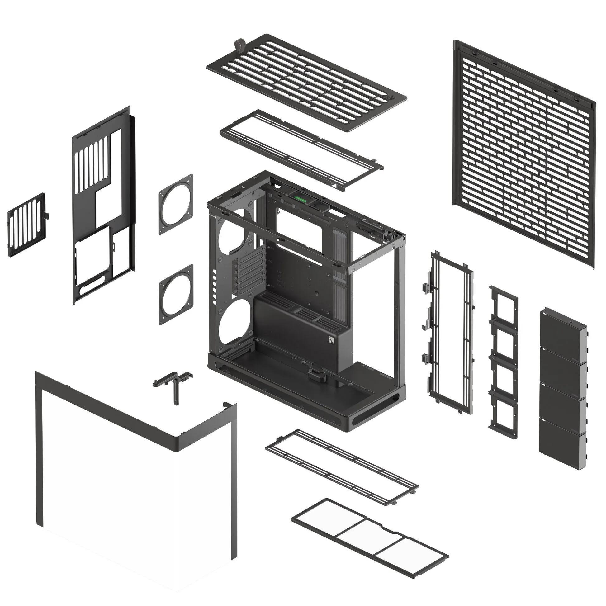 hvncahs42006ej7gwebp ComputechSolutions Exploded view of a black computer chassis with separate panels, vents, drive bays, and frame pieces laid out separately for assembly.