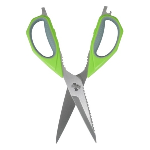 KMS031 ComputechSolutions Green-handled kitchen scissors with serrated blades crossed in an X shape.