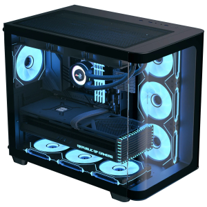 p500ablacktop45on2bjwebp ComputechSolutions Angled view of a black gaming PC case with blue interior lighting and multiple front-mounted fans showing RGB glow, Republic of Gamers branding on the front panel.