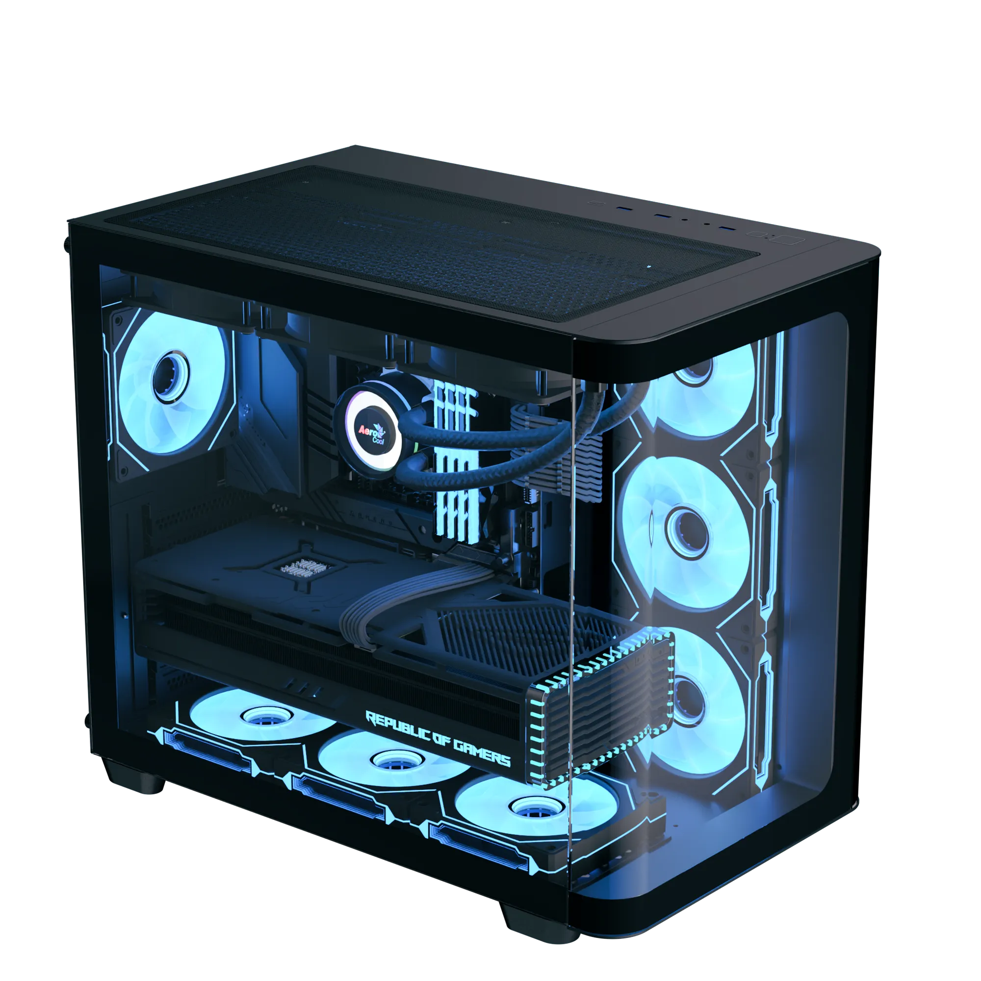 p500ablacktop45on2bjwebp ComputechSolutions Angled view of a black gaming PC case with blue interior lighting and multiple front-mounted fans showing RGB glow, Republic of Gamers branding on the front panel.