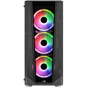 prismgbkv30277xdwebp ComputechSolutions Tall PC case with three vertical RGB fans glowing in rainbow colors through a glass panel