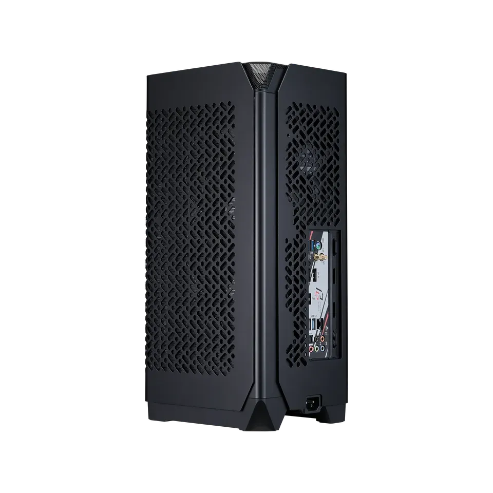 smart23k1bwebp ComputechSolutions Rear view of a tall black subwoofer with a perforated side grille and visible input panel on the back.