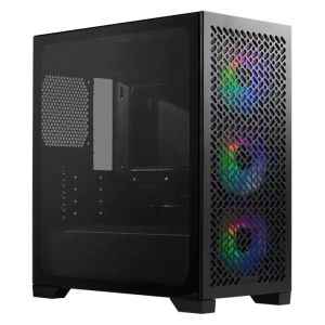 Black mid-tower PC case with a tempered glass side panel and rainbow RGB fans behind a perforated front grille. It’s a gaming/rebuild-friendly chassis.