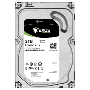 Close-up of a 2TB Seagate Exos Enterprise hard drive with label and QR code on a metal casing.