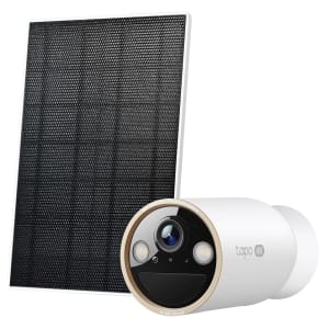Solar-powered security camera with a round lens and a tall solar panel nearby, white body labeled 'tapo 4K'.