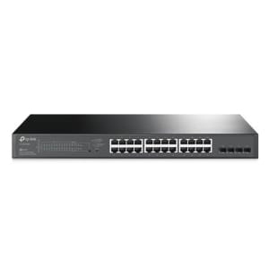 Front view of a TP-Link network switch with 24 Ethernet ports and two smaller ports on the right, dark gray metal case.