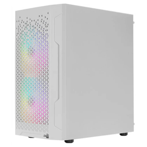 trinityminigwtv31isd6webp ComputechSolutions White mid-tower computer case with a perforated front panel revealing RGB-lit internals.
