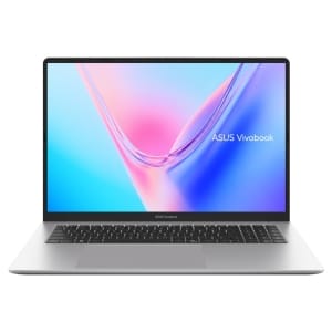 Open ASUS Vivobook laptop with a vibrant gradient display and the ASUS Vivobook logo on screen area, viewed from the front.