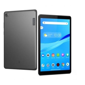 Lenovo tablet shown from back and front: gray rear with Lenovo logo and camera, black bezel, blue home screen on the front.